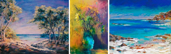 Pastel paintings by Catherine Hamilton - 2 seascapes and a vase of flowers.