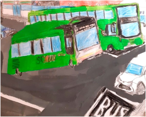 Student artwork of vehicles including green buses.