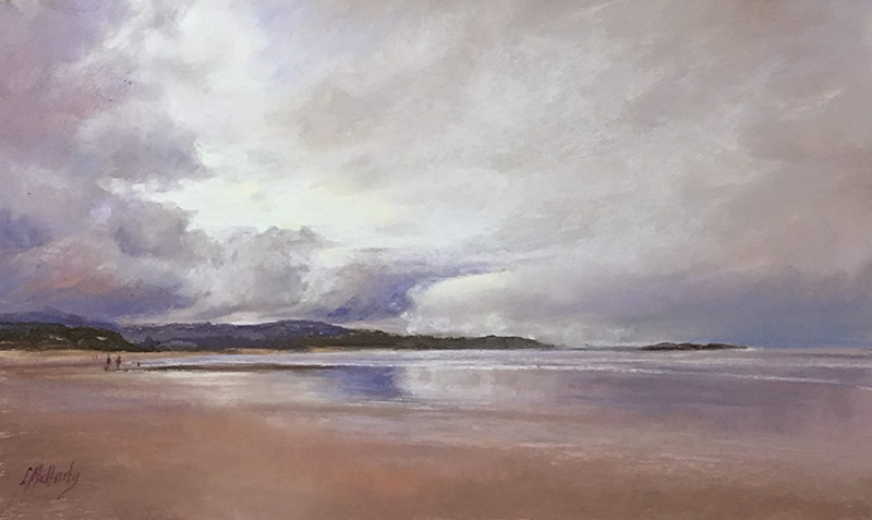 Seascape in pastel by Lyn Mellady. Overcast, cloudy sky refelcted in wet sand with headland in distance.