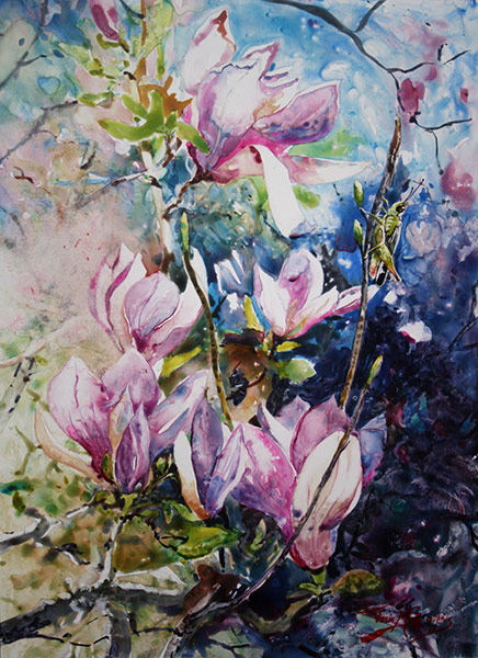 Julie Goldspink - Hopping Around - watercolour on YUPO. Painting of pink magnolia flowers.