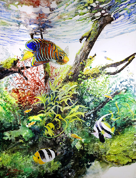 Julie Goldspink - Aquatic Painting Fin - watercolour on YUPO. Colourful striped fish underwater with seaweeds and submerged branch.