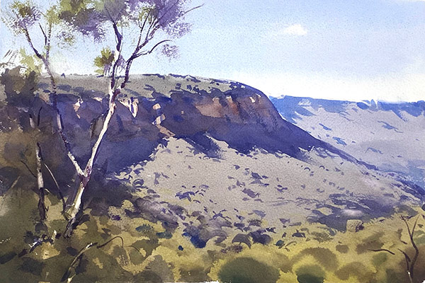 Greg Allen - watercolour painting of an escarpment with gum tree and bushes in foreground