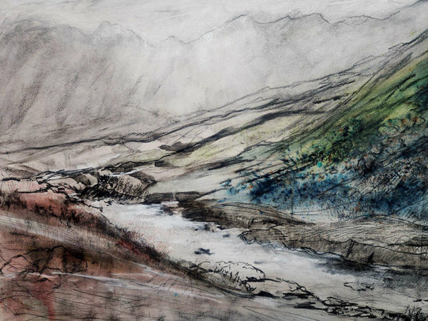 Catherine Hamilton- Fairy Pools Scotland - Sketch of a small river in Mixed Media with black line work and coloured wash.