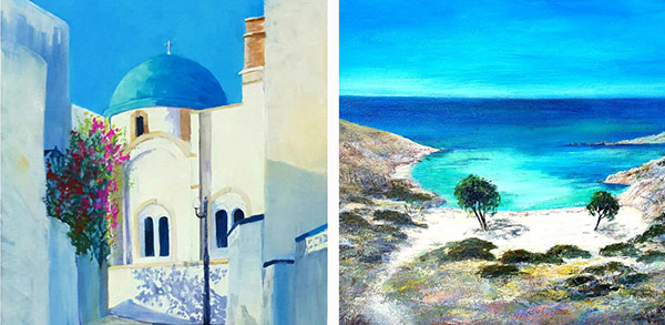 Catherine Hamilton - Two Gouache Studies, one of a white Greek building with blue dome and another of a sandy bay with two trees.