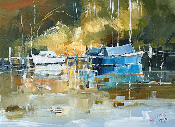 Craig Penny - Metung Masts - Acrylic painting of small boats moored at a jetty