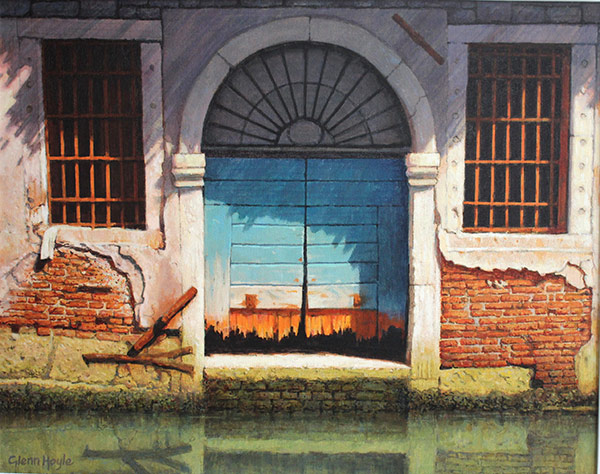 Painting by Glenn Hoyle of a building facade on a canal
