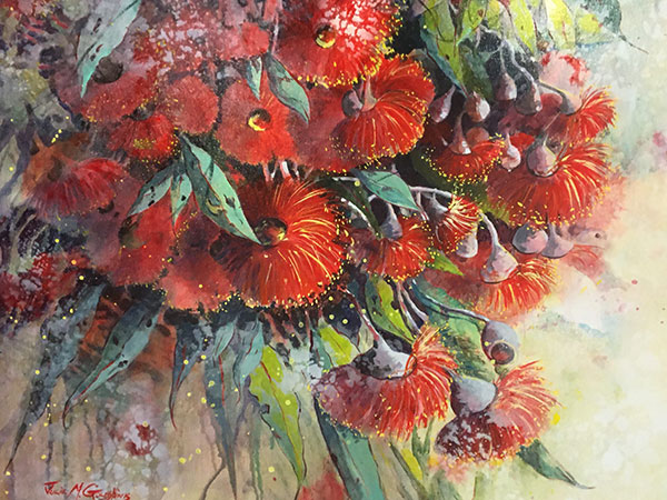 Julie Goldspink - Gum Blossom Beauty 3 - Acrylic painting of a spray of red flowering gum flowers