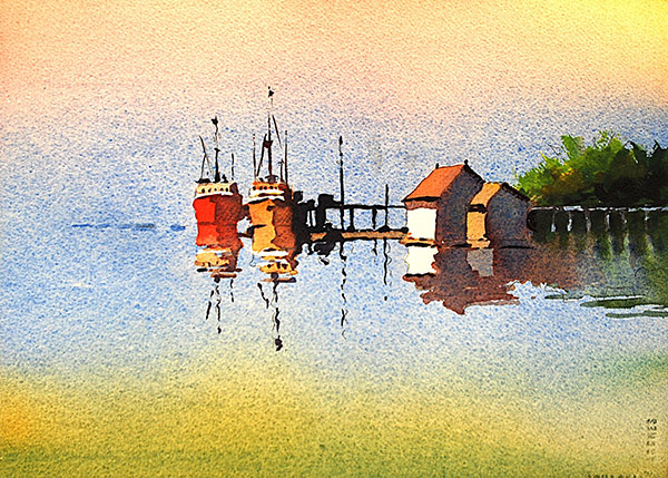 Malcolm Beattie - Mill Pond - Watercolour painting of 2 ships moored near a jetty.