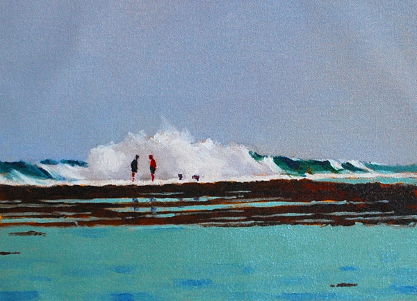 Malcolm Beattie - The Long Breaker - Oil. Painting of a surf beach with figures silhouetted against a large wave crest.