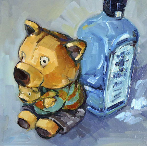 Painting of a big teddy holding a small teddy and a blue glass bottle by Nic Kirkman