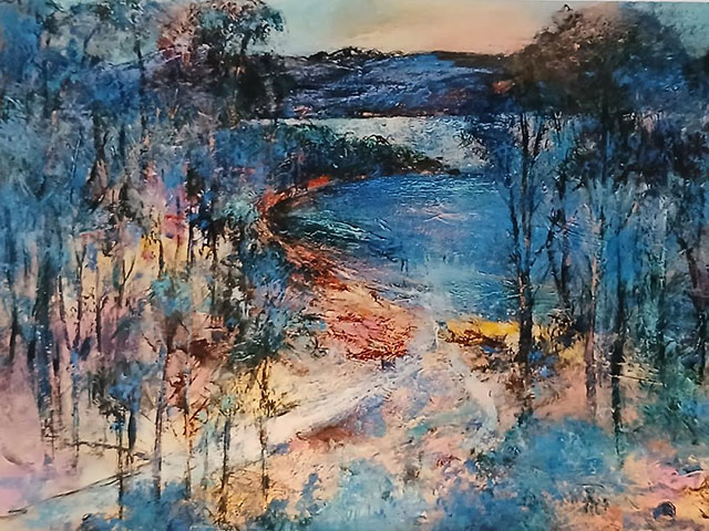 Artwork by Su Fishpool. Mixed media landscape with trees lake and hills in blues and pinks