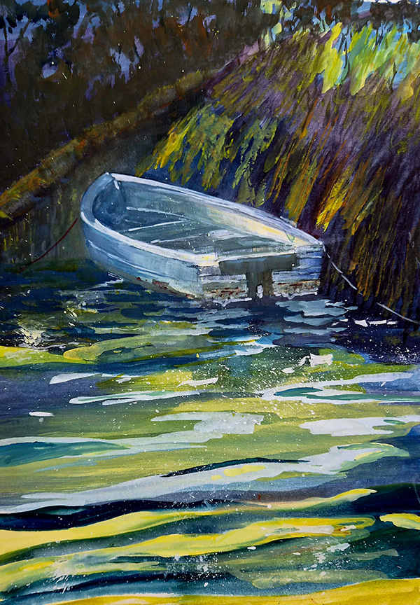 Gouache painting of a moored dingy featuring vibrant blues and greens - by Catherine Hamilton