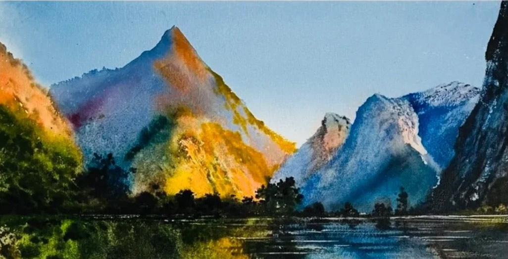Rehan Vazid - Dadasdadarar - Watercolour painting of steep mountains reflected in a lake.