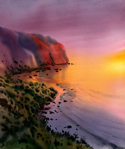 Watercolour seascape of a sunlit headland by Rehann Vazid
