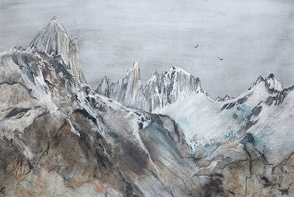 Fitzroy - Mixed Medial Landscape depicting snow-capped mountain peaks by Catherine Hamilton