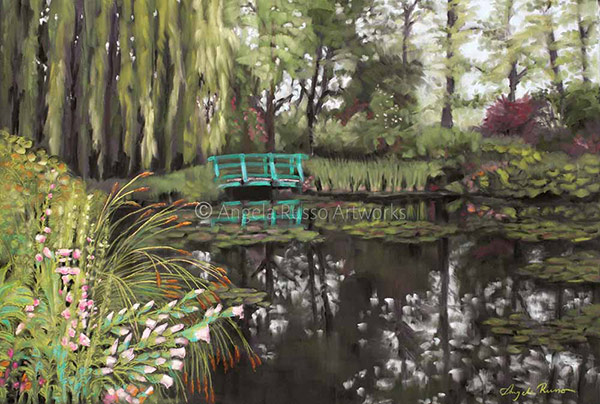 Giverny - pastel painting by Angela Russo of a torquoise bridge over a waterlily pond with a backdrop of trees
