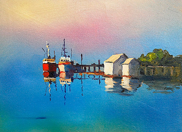 Malcolm Beattie - Mill Pond - Oil painting of 2 power boats at a jetty in glowing warm colours.