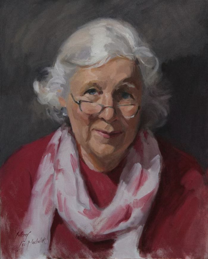 Mary - a Sketch - by Lee Machelak. Portrait of an older woman with grey hair, glasses and a pink and white scarf.