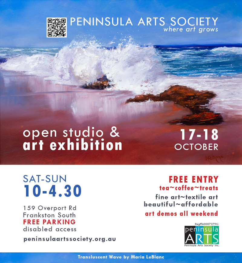 PAS Open Studio Exhibition Flyer 2026 - features painting of waves breaking on rocky beach in vivid blues and orange-reds