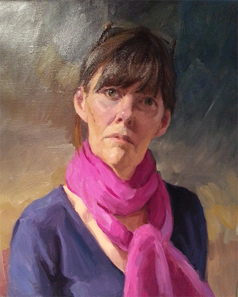 Portrait in Oils of a brown-haired woman with hot pink scarf and purple top, by Lee Machelak
