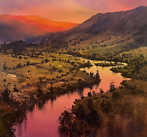 Rehann Vazid - Fire And Rose Are One - Watercolour painting of a river winding through a rosy sunset lit landscape