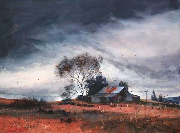 The End of the Dry - Acrylic On Stretched Canvas - Julie Goldspink. Painting of a farmhouse under an overcast stormy sky, with paddock and sheep in foreground.