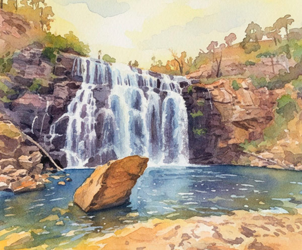 Watercolour painting of a waterfall with pond and large rock in foreground - by Diana Casey