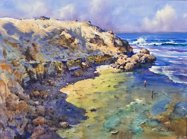 Watercolour of rocky headland and beach by Greg Allen