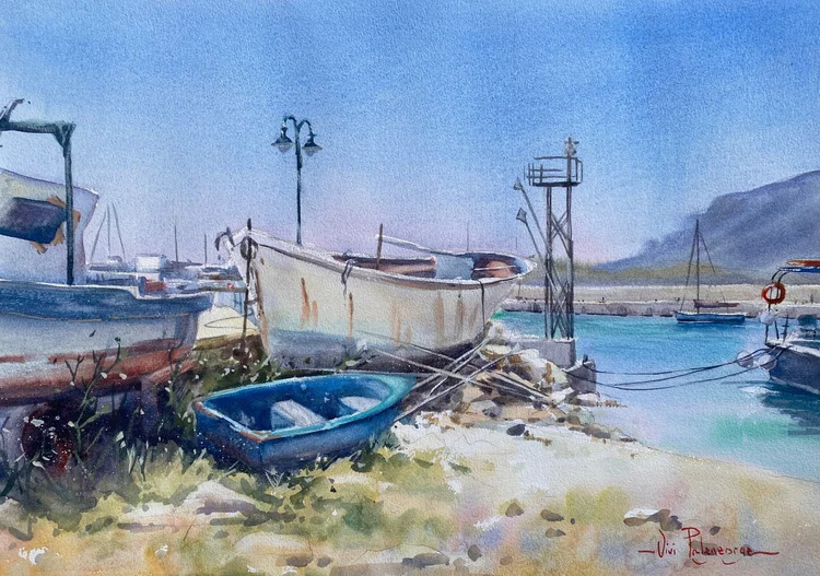 Vivi Palegeorge - The Old Boatyard, Greece - watercolour painting of boats on the shore